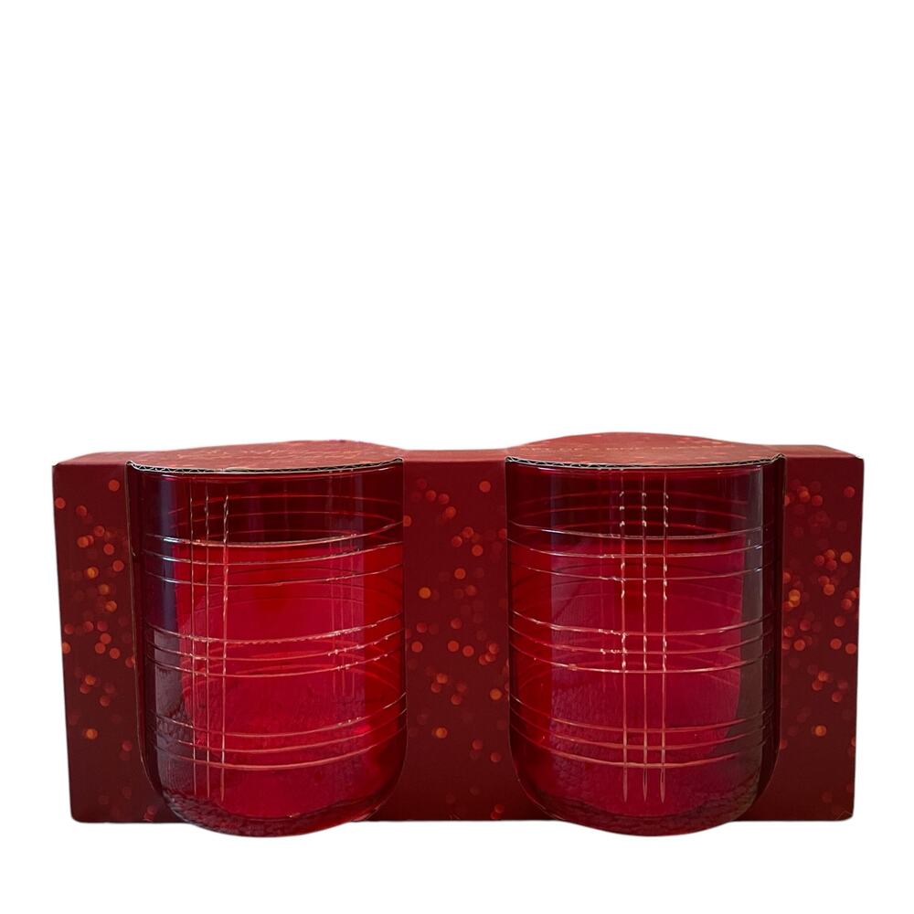 2pc RED PLAID Double Old Fashioned Cocktail Glasses Chic Holiday Barware NEW